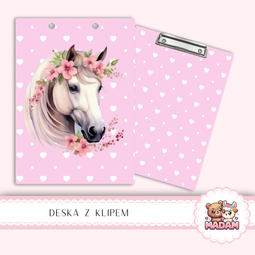 Deska z klipem podkładka A5 Koń w Kwiatach Różowe Serduszka MaDam Creative