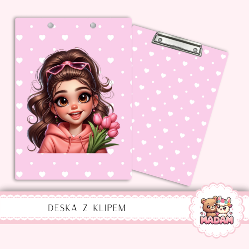 Deska z klipem podkładka A5 Dziewczyna z Tulipanami Różowe Serduszka MaDam Creative