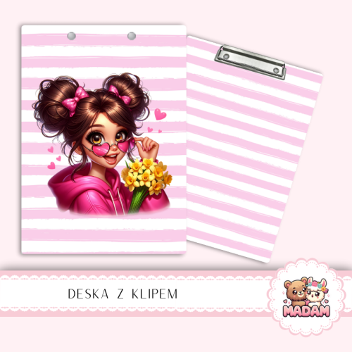 Deska z klipem podkładka A5 Dziewczyna z Kwiatami Różowa Bluza MaDam Creative