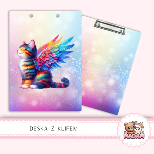 Deska z klipem podkładka A5 Kot Tęczowe Skrzydła Pastelowy MaDam Creative