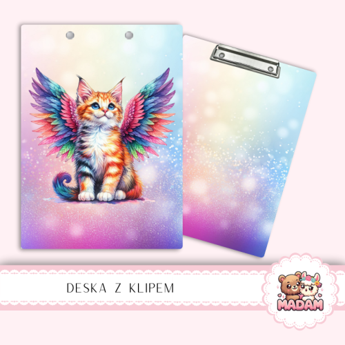 Deska z klipem podkładka A5 Kot Aniołek Tęczowe Skrzydła MaDam Creative