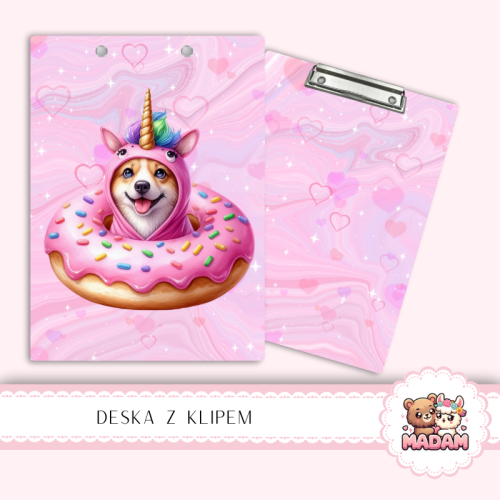 Deska z klipem podkładka A5 Pies Jednorożec Donut Różowy MaDam Creative