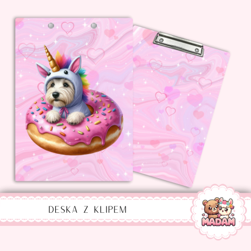 Deska z klipem podkładka A5 Piesek Jednorożec Donut Różowy 2 MaDam Creative
