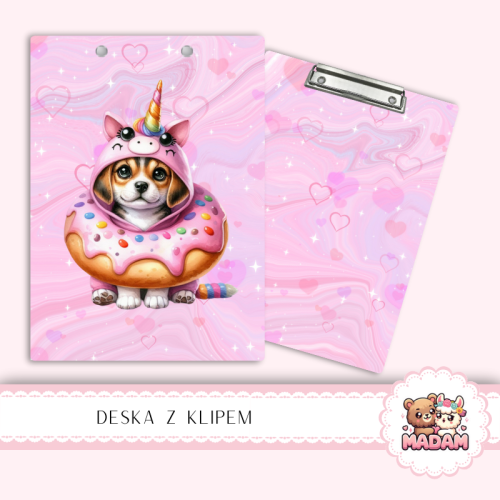 Deska z klipem podkładka A5 Piesek w Donucie Jednorożec MaDam Creative