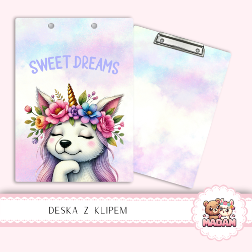 Deska z klipem podkładka A5 Sweet Dreams Piesek Jednorożec MaDam Creative