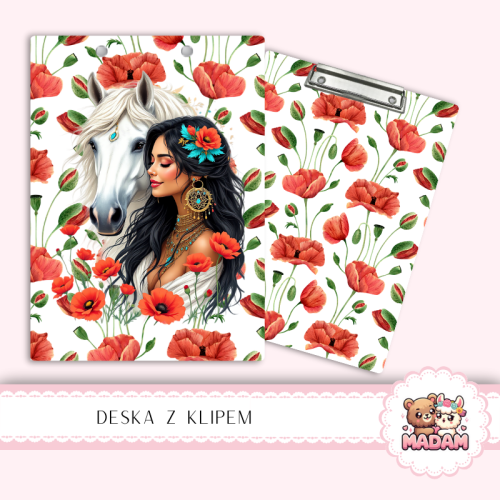Deska z klipem podkładka A5 Kobieta z Koniem i Makiem Boho MaDam Creative