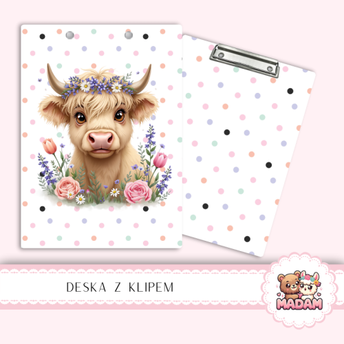 Deska z klipem podkładka A5 Krówka w Kwiatach Polne Kwiaty MaDam Creative