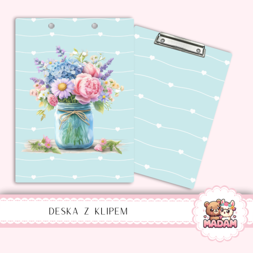 Deska z klipem podkładka A5 Bukiet Kwiatów w Słoiku Niebieski MaDam Creative