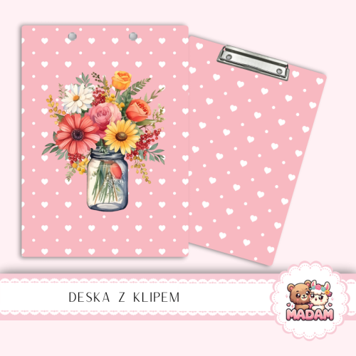 Deska z klipem podkładka A5 Kwiaty w Słoiku Różowy Pastelowy MaDam Creative