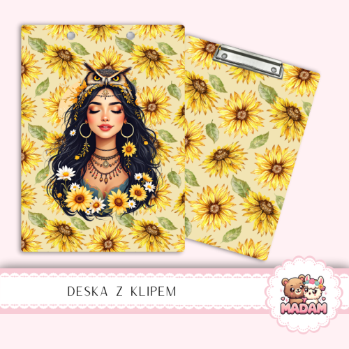 Deska z klipem podkładka A5 Dziewczyna w Słonecznikach Boho MaDam Creative