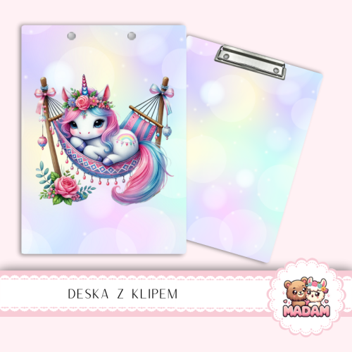 Deska z klipem podkładka A5 Jednorożec w Hamaku Pastelowy MaDam Creative