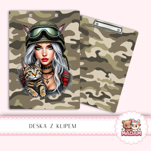 Deska z klipem podkładka A5 Dziewczyna z Kotem Militarne Boho MaDam Creative