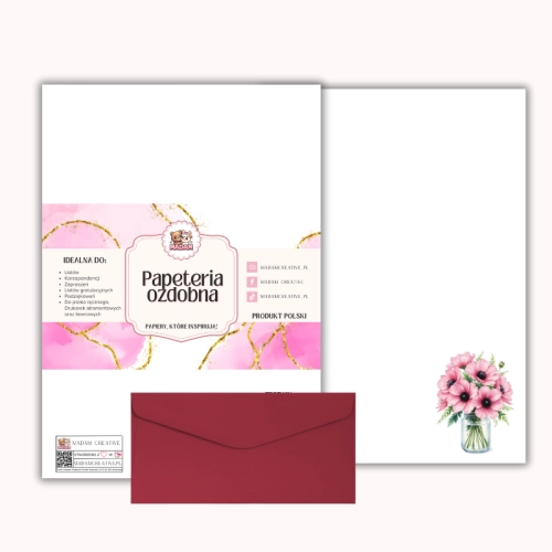 Papeteria ozdobna A4 z kopertami – zestaw Różowy bukiet w wazonie MaDam Creative