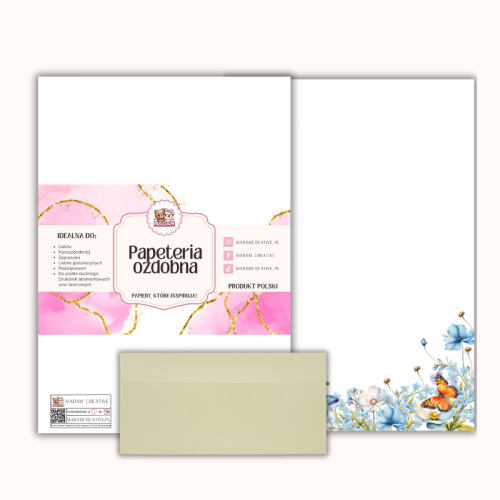 Papeteria ozdobna A4 z kopertami – zestaw Błękitne kwiaty i motyle MaDam Creative