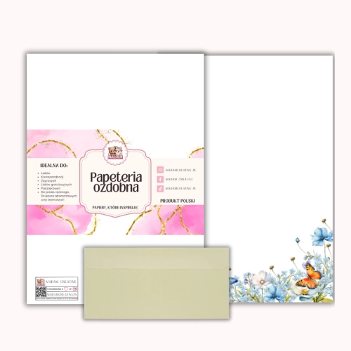 Papeteria ozdobna A4 z kopertami – zestaw Błękitne kwiaty i motyle MaDam Creative