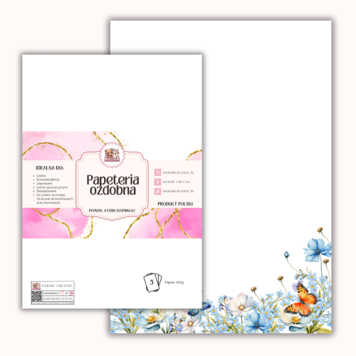 Papeteria ozdobna A4 – papier listowy Błękitne kwiaty i motyle MaDam Creative