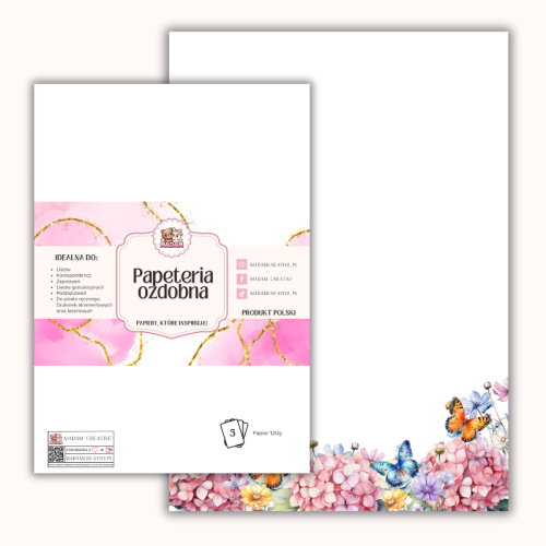 Papeteria ozdobna A4 – papier listowy Różowe hortensje i motyle MaDam Creative