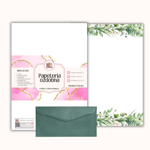Papeteria ozdobna A4 z kopertami – zestaw Zielona botaniczna rama MaDam Creative