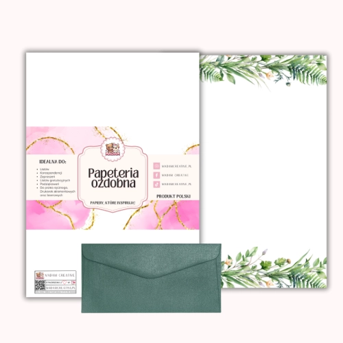 Papeteria ozdobna A4 z kopertami – zestaw Zielona botaniczna rama MaDam Creative