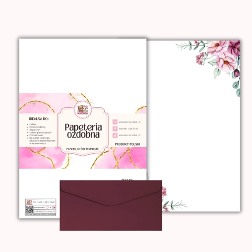 Papeteria ozdobna A4 z kopertami – zestaw Różane Kwiaty  MaDam Creative