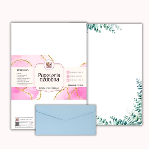 Papeteria ozdobna A4 z kopertami – zestaw Eukaliptusowa rama  MaDam Creative