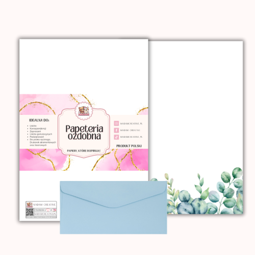 Papeteria ozdobna A4 z kopertami – zestaw Eukaliptusowy dół  MaDam Creative