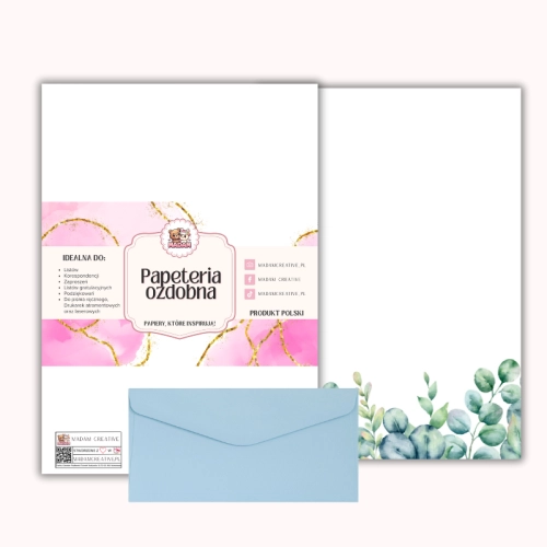 Papeteria ozdobna A4 z kopertami – zestaw Eukaliptusowy dół  MaDam Creative