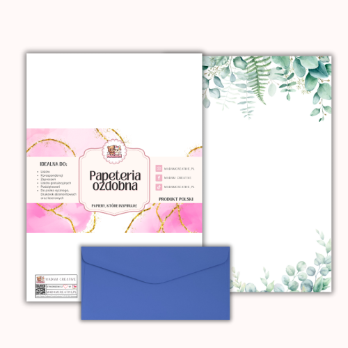 Papeteria ozdobna A4 z kopertami – zestaw Eukaliptusowa elegancja  MaDam Creative