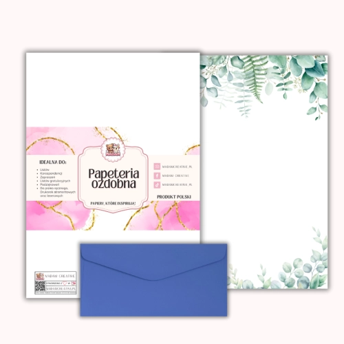 Papeteria ozdobna A4 z kopertami – zestaw Eukaliptusowa elegancja  MaDam Creative
