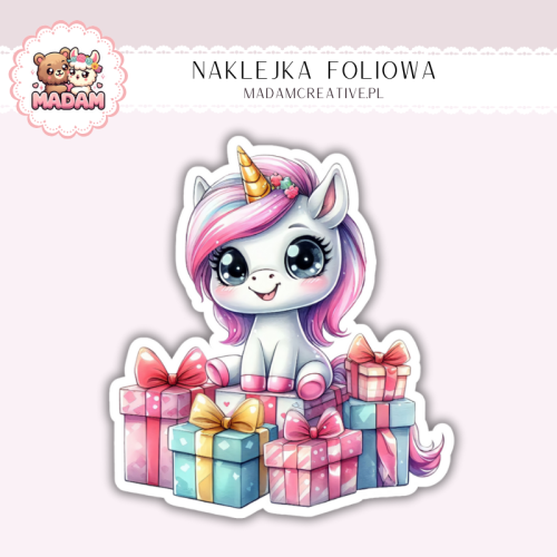 Naklejka foliowa jednorożec z prezentami MaDam Creative