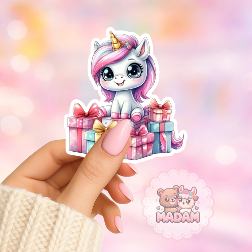 Naklejka foliowa jednorożec z prezentami MaDam Creative