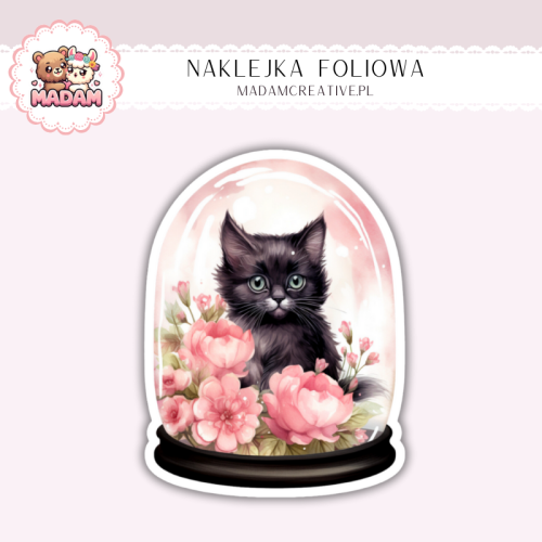 Naklejka foliowa kotek pod kloszem z kwiatami 2 MaDam Creative