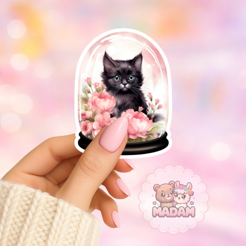 Naklejka foliowa kotek pod kloszem z kwiatami 2 MaDam Creative