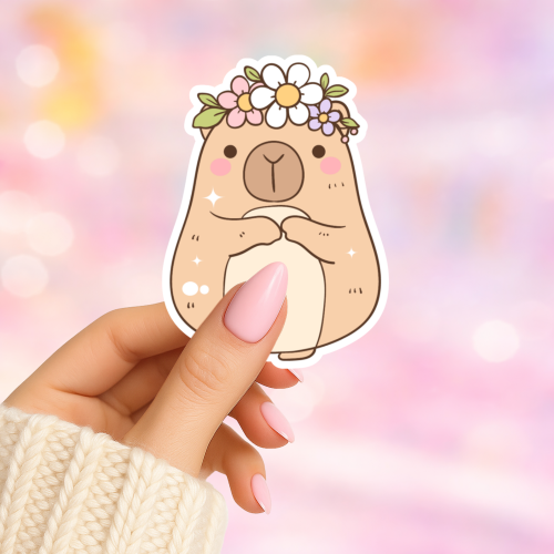 Naklejka foliowa kapibara kawaii z wiankiem MaDam Creative