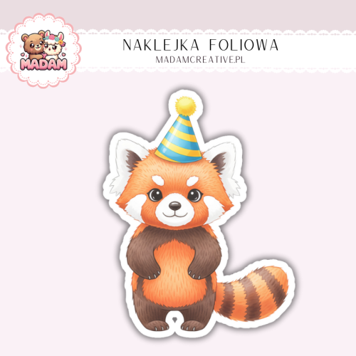 Naklejka foliowa panda ruda z czapeczką urodzinową MaDam Creative