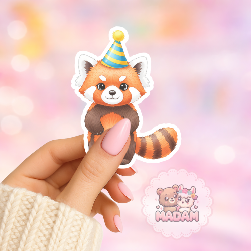 Naklejka foliowa panda ruda z czapeczką urodzinową MaDam Creative