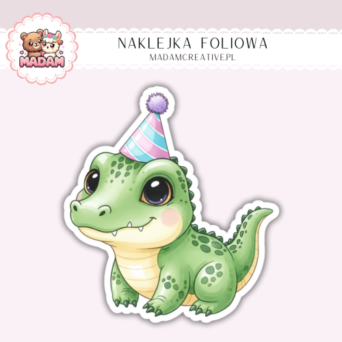 Naklejka foliowa dinozaur z czapeczką urodzinową MaDam Creative