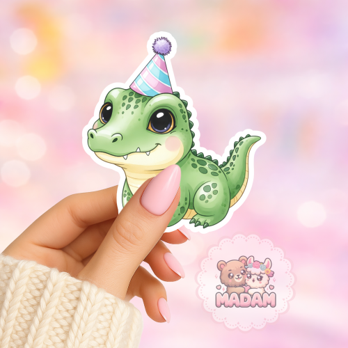 Naklejka foliowa dinozaur z czapeczką urodzinową MaDam Creative