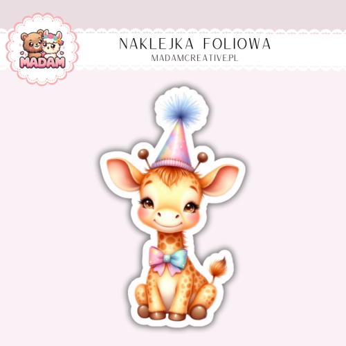 Naklejka foliowa żyrafka z czapeczką urodzinową MaDam Creative