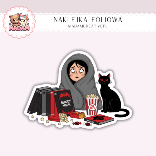 Naklejka foliowa horror girl z kotem i popcornem MaDam Creative