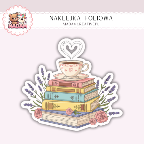 Naklejka foliowa stos książek z filiżanką MaDam Creative