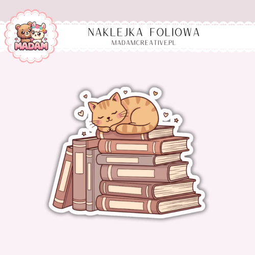 Naklejka foliowa kotek na stosie książek MaDam Creative