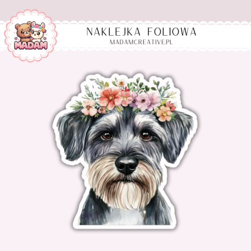 Naklejka foliowa piesek sznaucer miniaturowy z wiankiem MaDam Creative