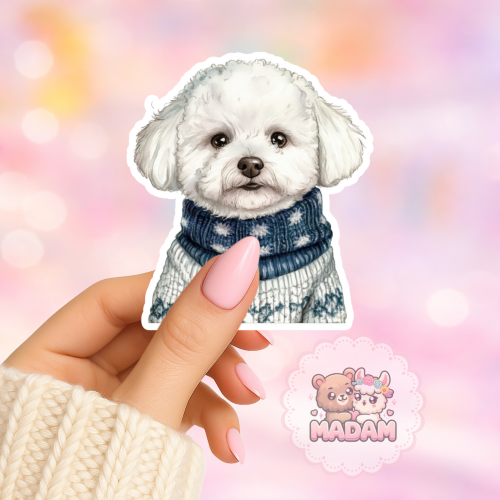 Naklejka foliowa piesek bichon frise w swetrze MaDam Creative