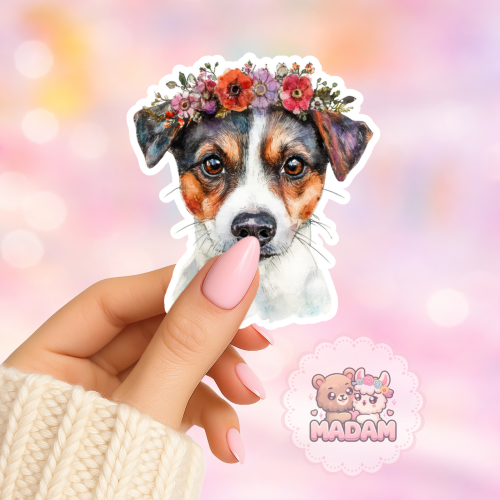 Naklejka foliowa piesek jack russell terrier z wiankiem MaDam Creative