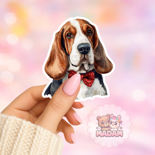 Naklejka foliowa piesek basset hound z muszką MaDam Creative