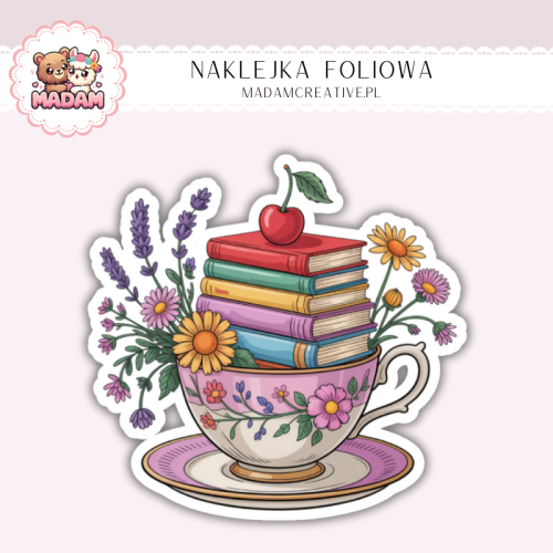 Naklejka foliowa filiżanka z książkami i kwiatami MaDam Creative