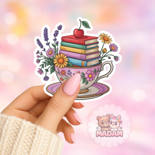 Naklejka foliowa filiżanka z książkami i kwiatami MaDam Creative