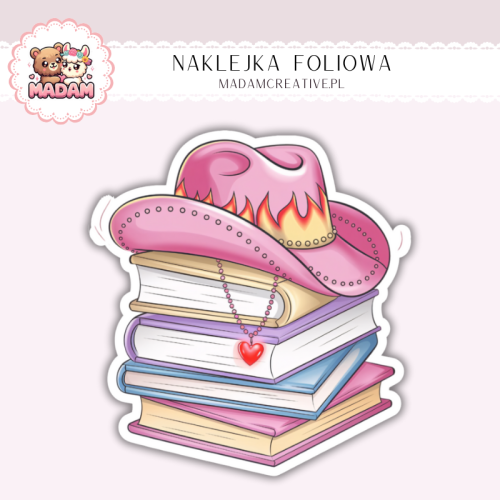 Naklejka foliowa stos książek z kapeluszem MaDam Creative