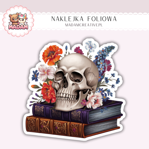 Naklejka foliowa czaszka na książkach z kwiatami MaDam Creative